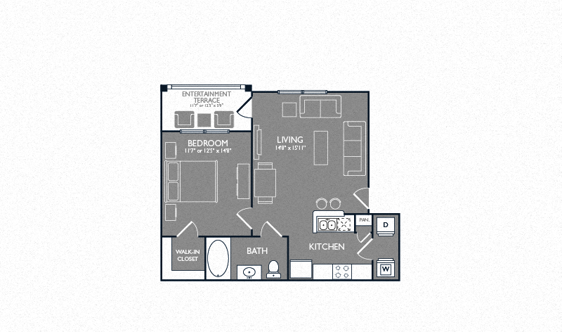 Floor plan for 1 bed, 1 bath, 652 sqft